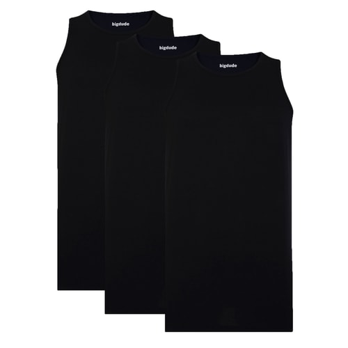 Three black tank tops shown together, front view.
